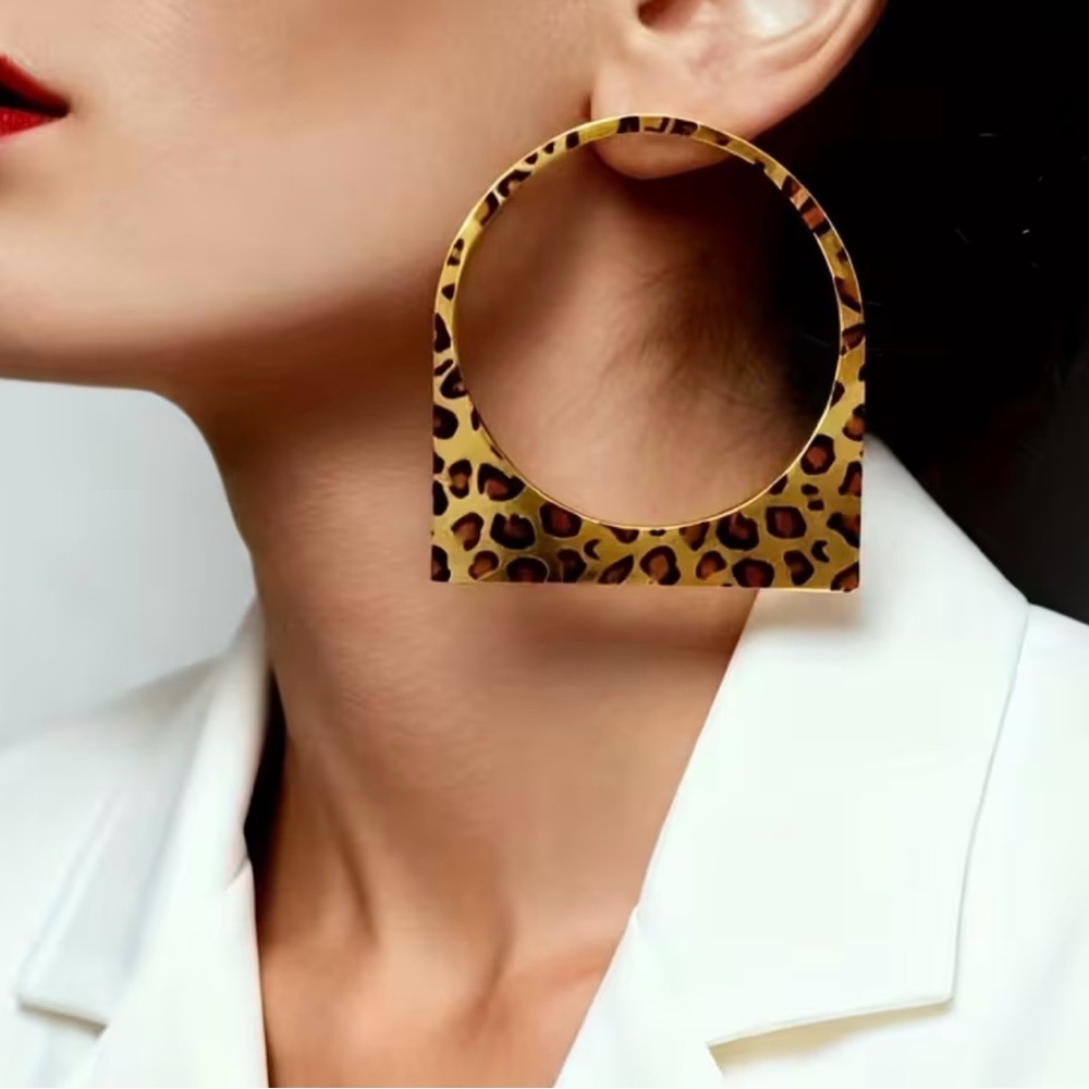 2/$30🌵 90s Vibe Leopard Cheetah Hoop Earrings Gold Jumbo Circle Animal Print NEW